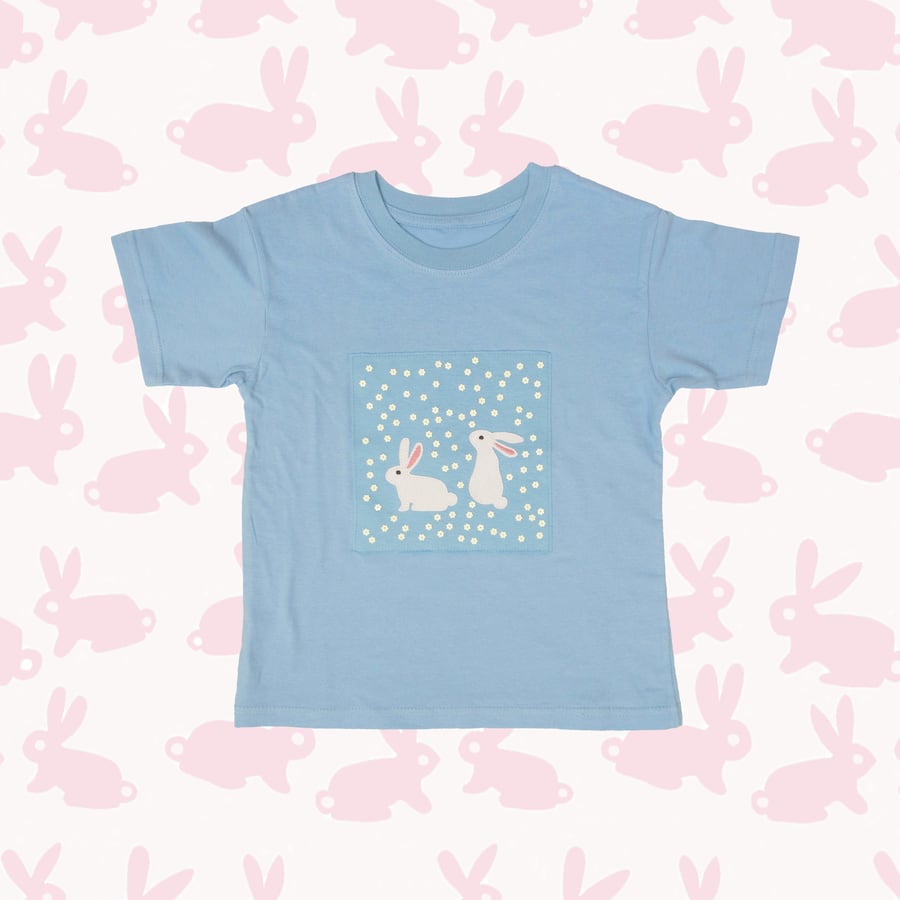 5-6y 7-8y Bunnies & Sequin Flowers Hand embroidered appliqué t-shirt