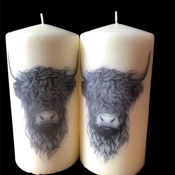 Handmade decoupage Highland Cow pillar candle 16x7cm
