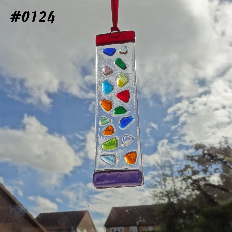 Rainbow mosaic patterned handcrafted fused glass suncatcher, 12x3cm (0124)