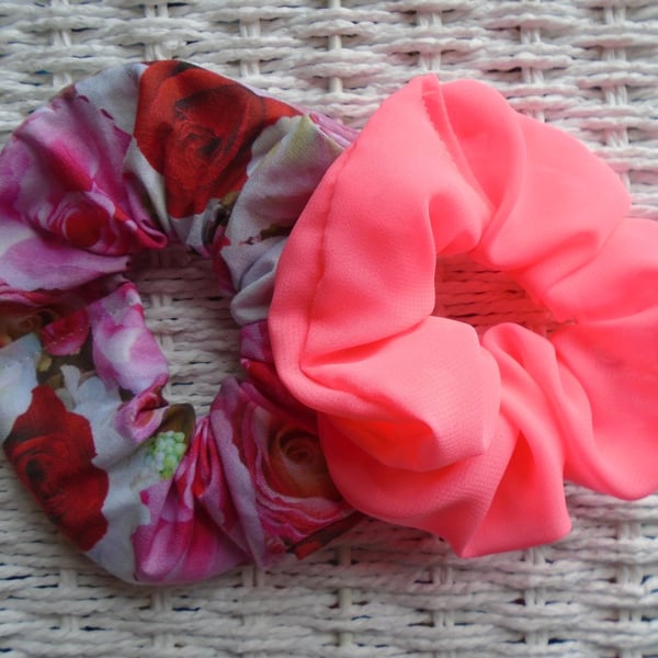x2 Hair Scrunchies Rose & Pink Neon Themed.