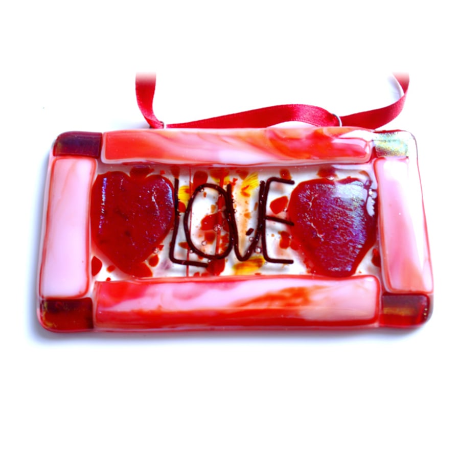 Love Hearts Fused Glass Hanging Plaque 