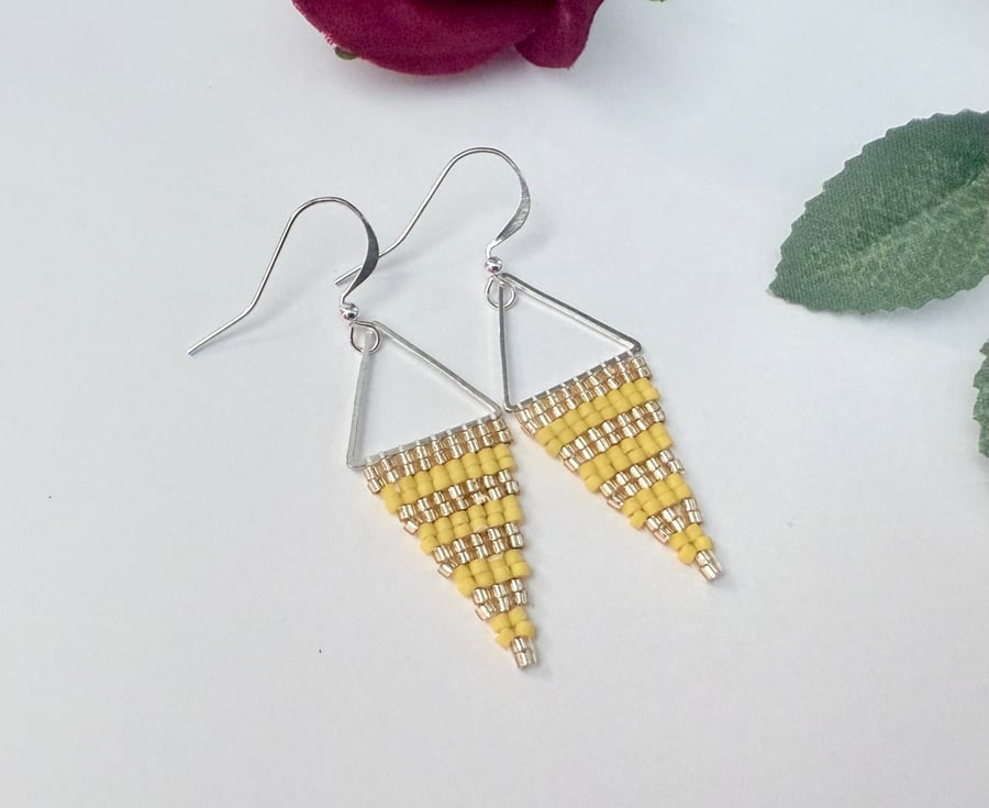 Bright yellow and silver beadwork triangle earrings