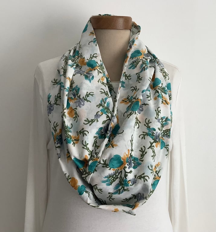  COTTON  lawn infinity scarf. '.Botanics'. Blue . Floral . Lightweight . 