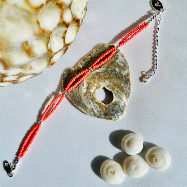 Sterling Silver & Coral Coloured Czech Glass Seed Bead Bracelet 