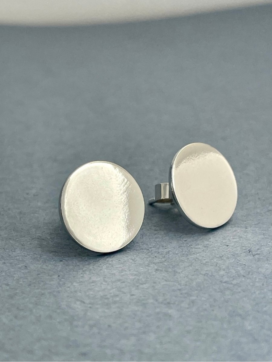 Sterling Silver Round Disc Ear Stud Earrings 10mm Plain-Smooth Handmade UK