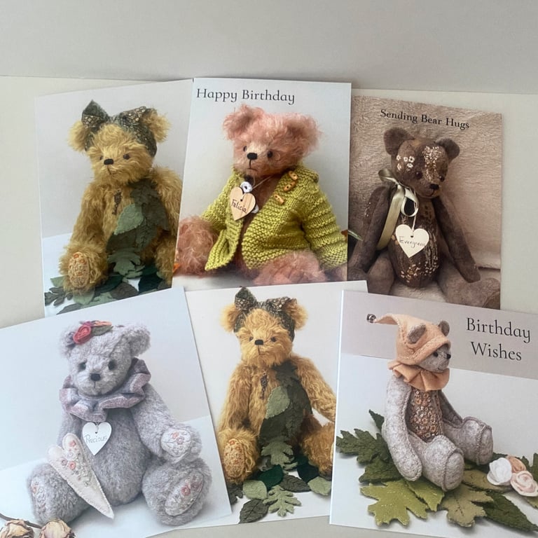 Pack of 6 Teddy bear greetings cards, Birthday and blank printed Bear cards. 