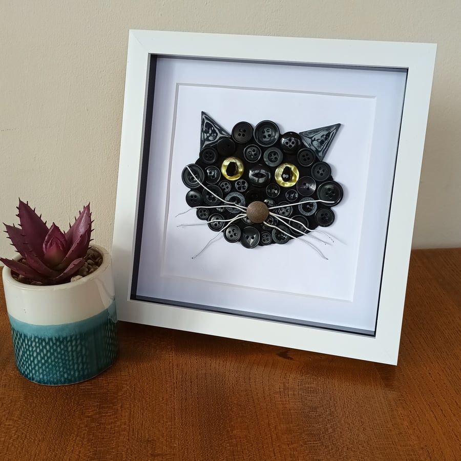 Black Cat Face 3D Artwork made with recycled materials 8" x 8"