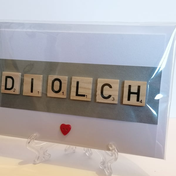 Diolch (Thank you) scrabble handmade Welsh greetings card 