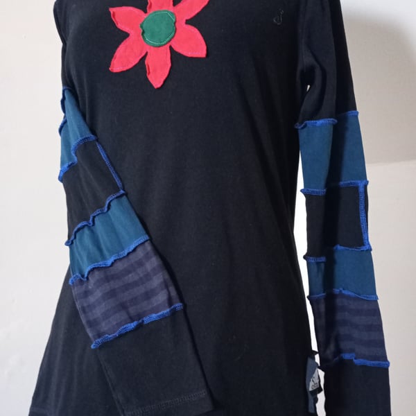 Patchwork top with flower applique
