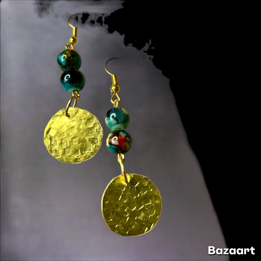 Earrings- Vibrant Beads Featuring a Textured Brass Disc - Boho style, Freepost
