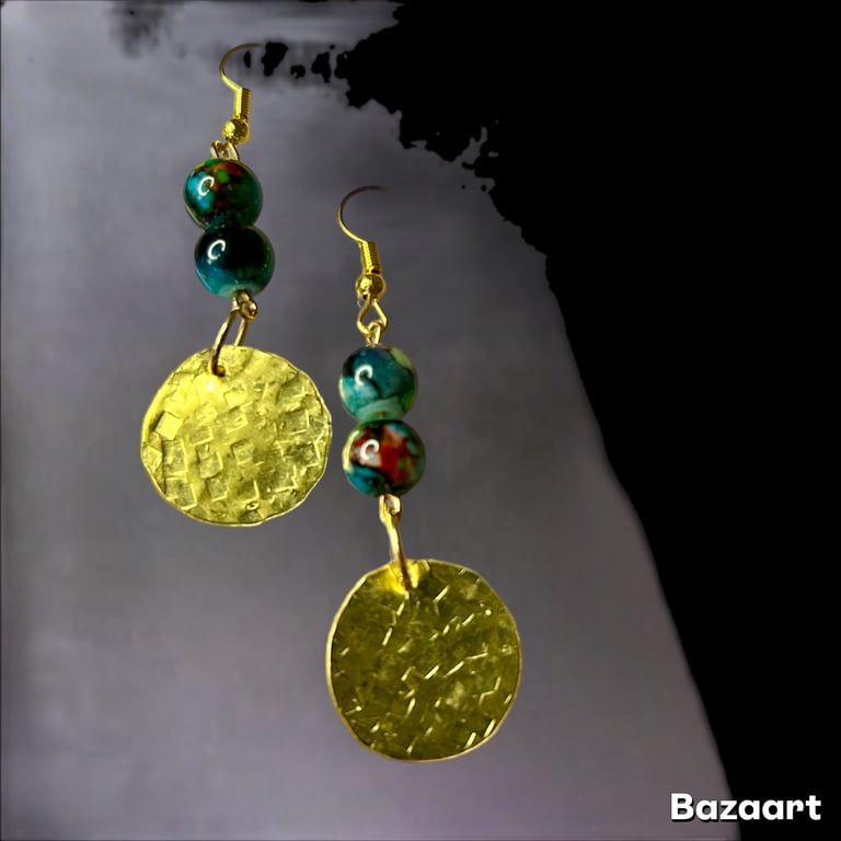 Earrings- Vibrant Beads Featuring a Textured Brass Disc - Boho style, Freepost
