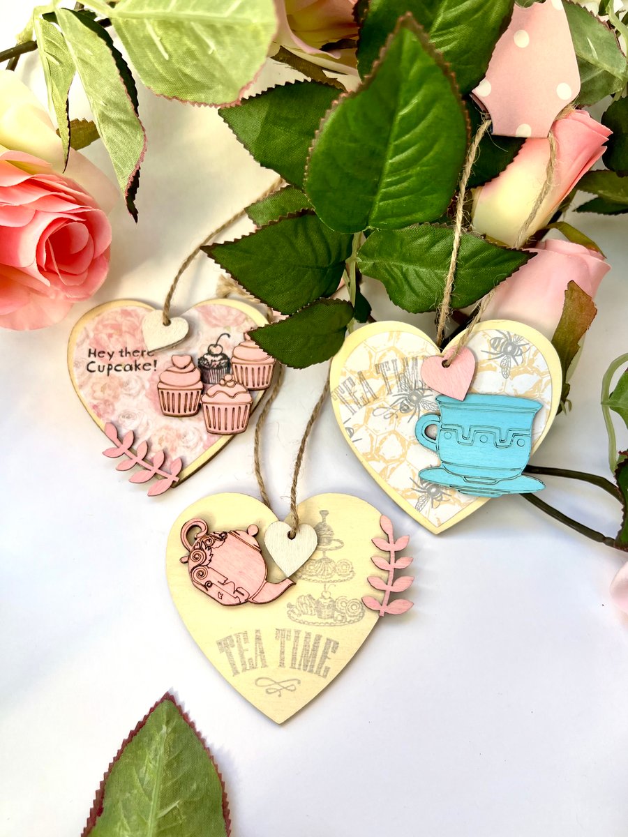Wooden Decorations - Tea Time x 3