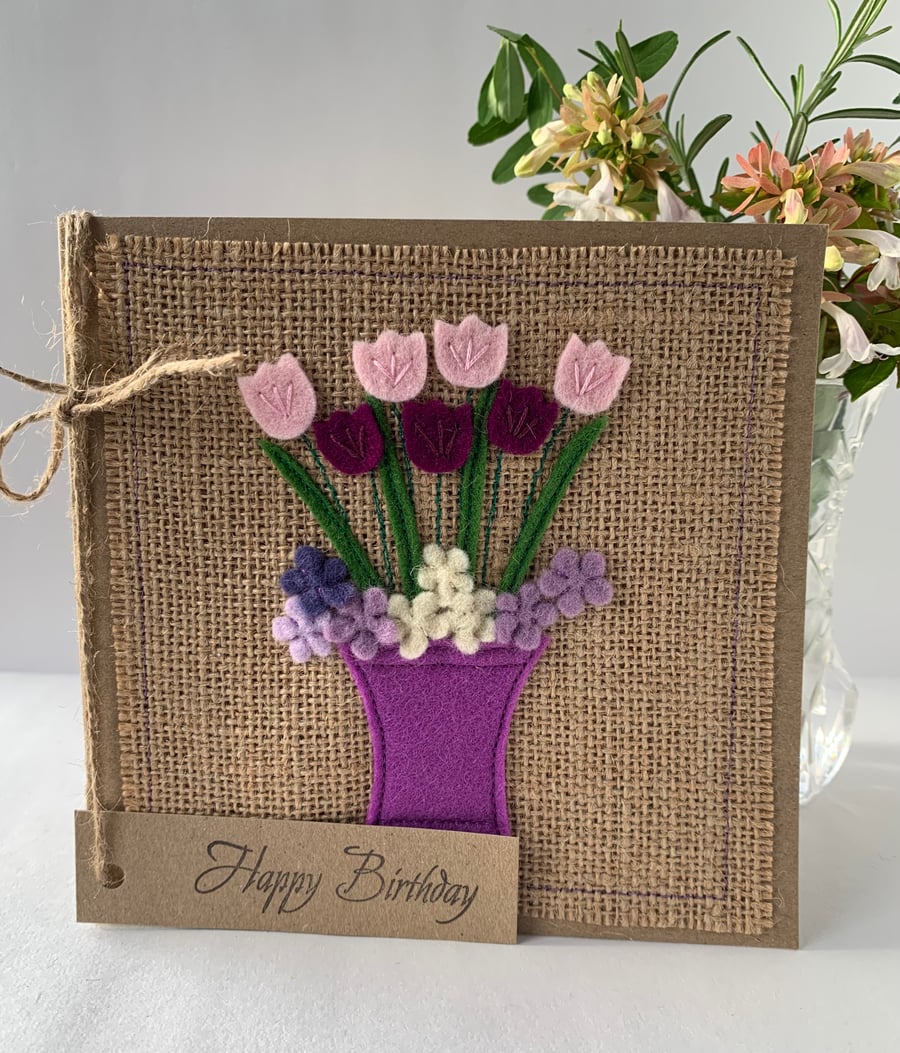 Handmade Birthday Card. Pale pink and lilac flowers. Keepsake card.