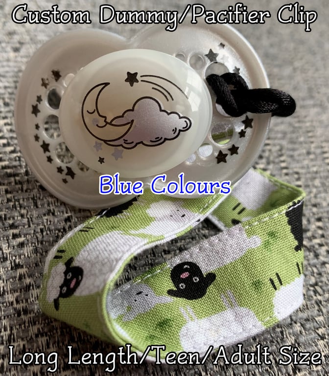Custom (Blue Colours) LONG LENGTH - ADULT Pacifier Clips