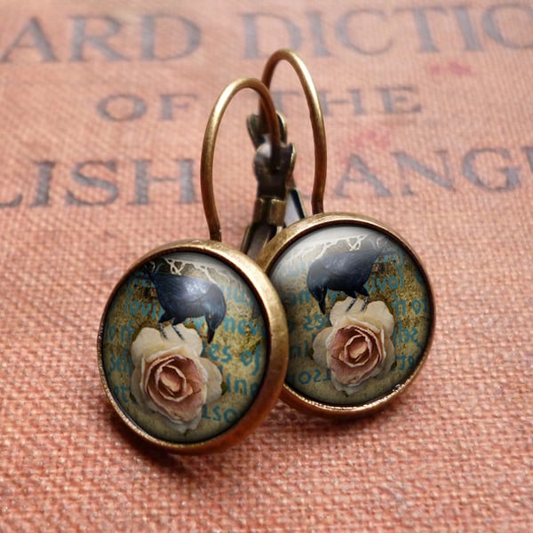 Raven and Pink Rose Leverback Earrings (RR05)