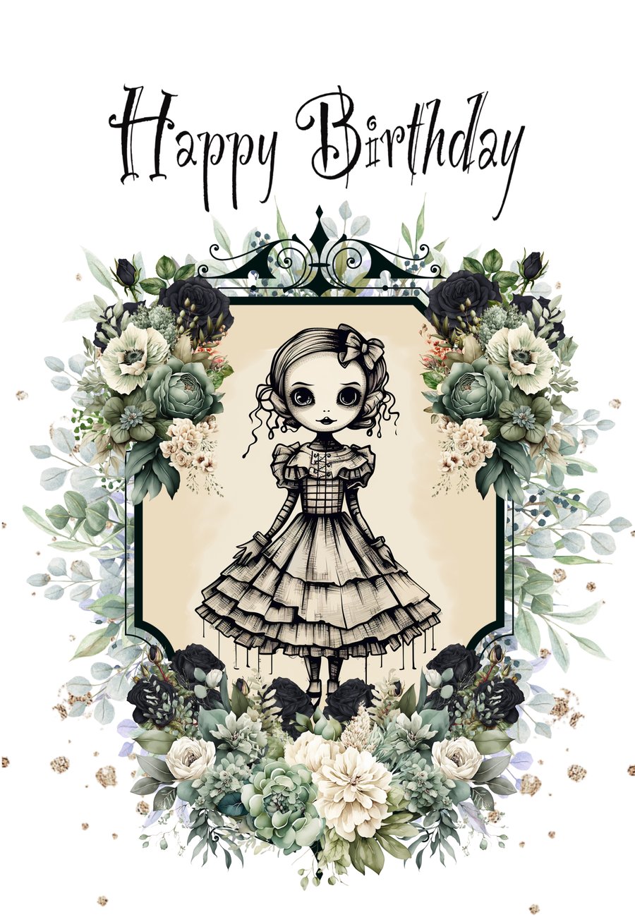 Goth Birthday Card, Gothic Doll Greeting Card, Alternative Birthday Greetings