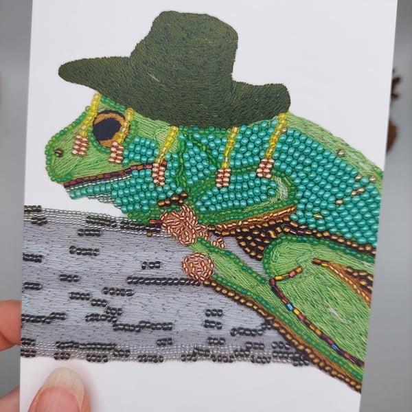 Australian frog in a cork hat greeting card