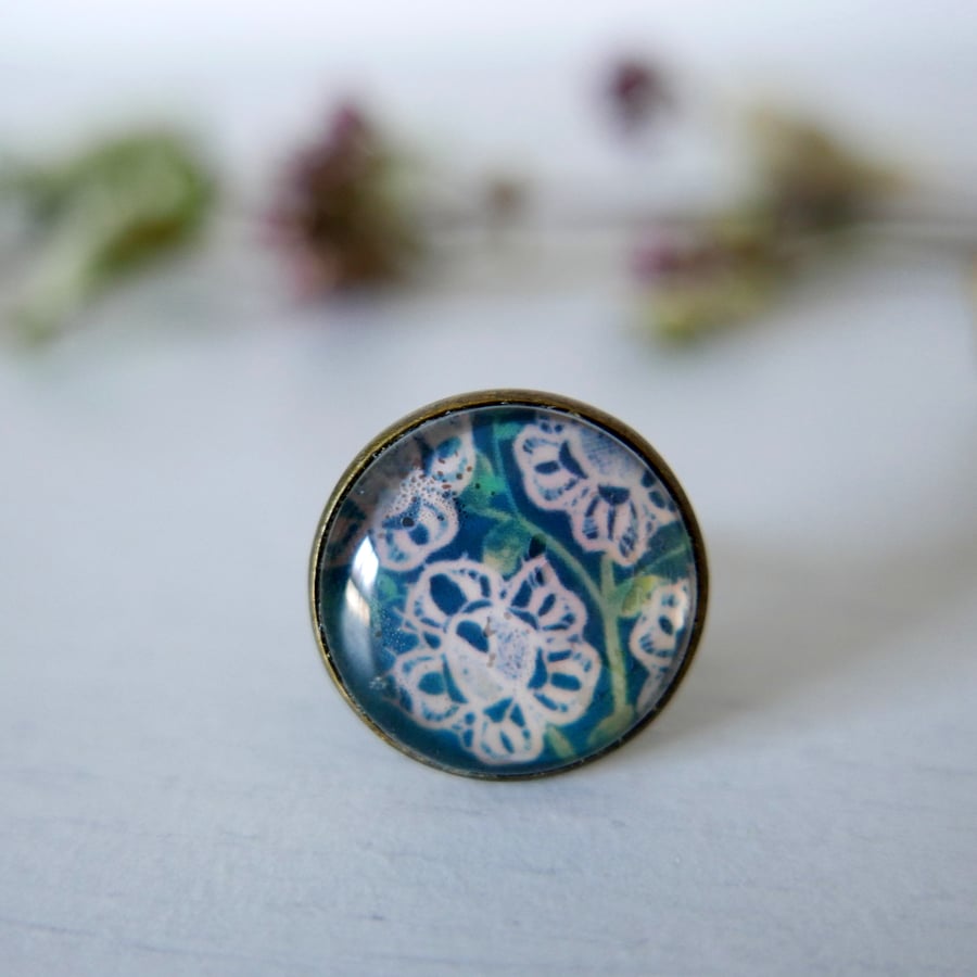 Statement Adjustable Ring, Art Print Jewellery with Lace Design, Floral Flower