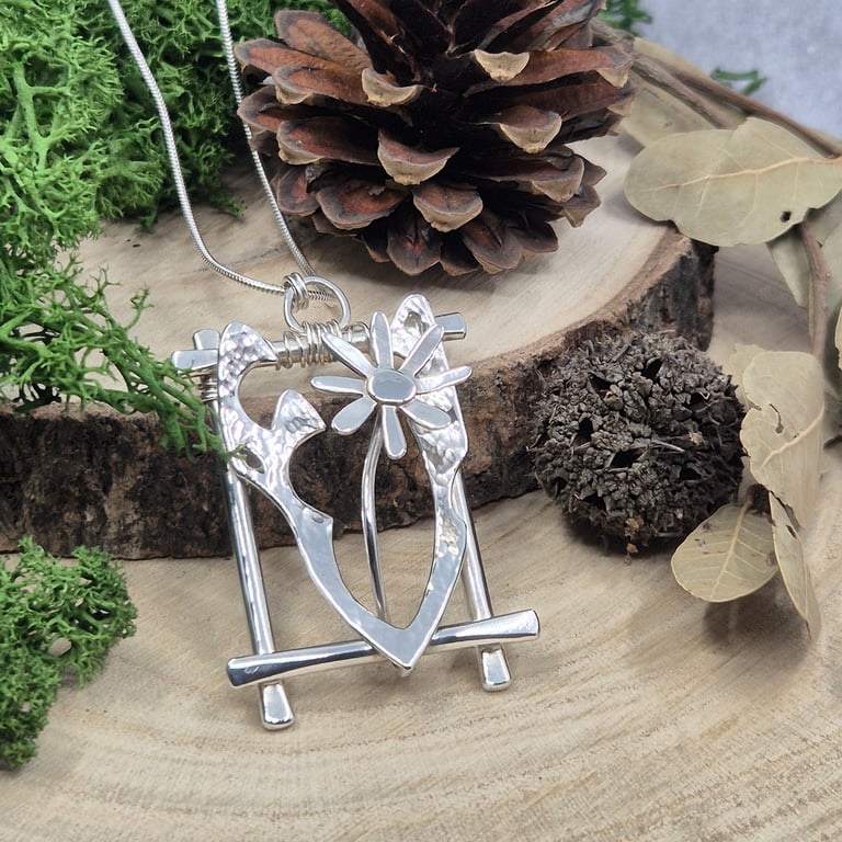 Sterling Silver Framed Flower Necklace - Statement OOAK (Hallmarked) 013