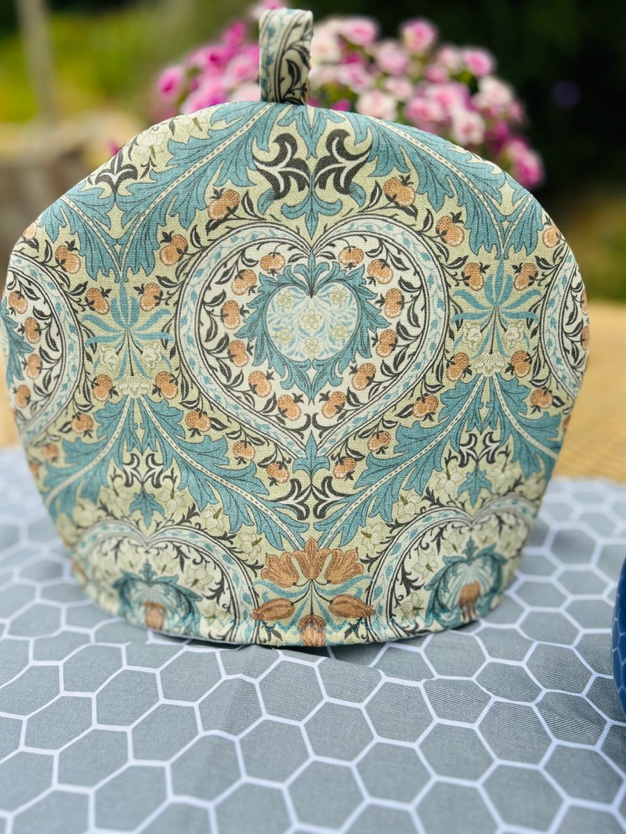 William Morris Fabric Tea Cosy in Blue Heart and Flowers Design 