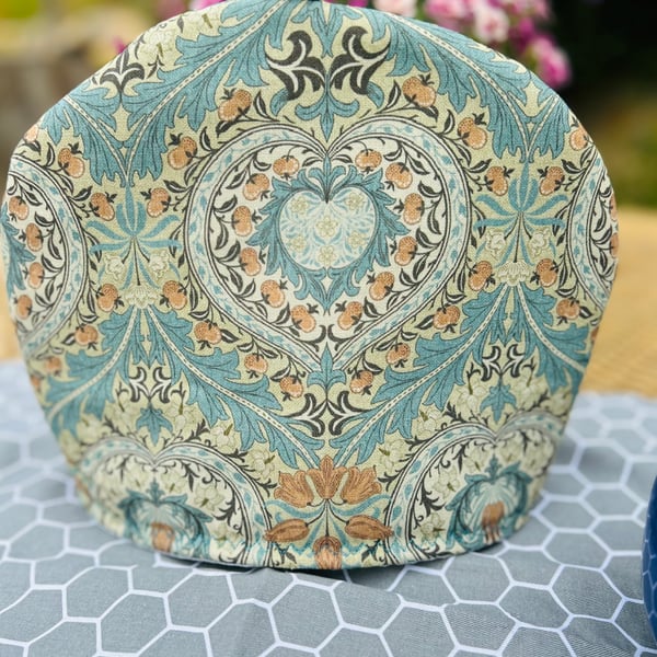 William Morris Fabric Tea Cosy in Blue Heart and Flowers Design 