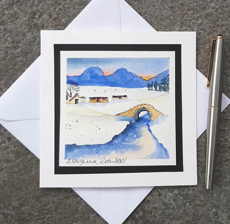 Blank Card for Christmas  Birthday, Anniversary. Handpainted Watercolour Snow