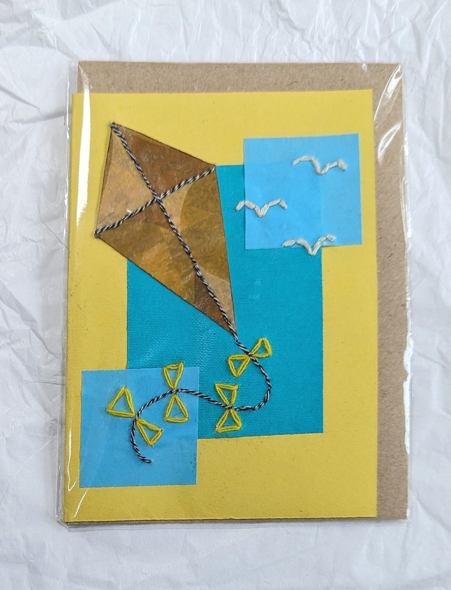 Kite Handmade Greetings Card from Stitched Recycled Plastic A6