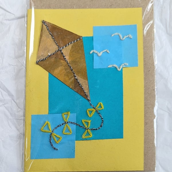 Kite Handmade Greetings Card from Stitched Recycled Plastic A6
