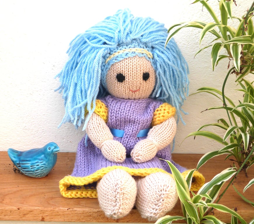 Doll. Hand Knitted Doll 12" Wool Doll with Blue Hair & Removable Dress