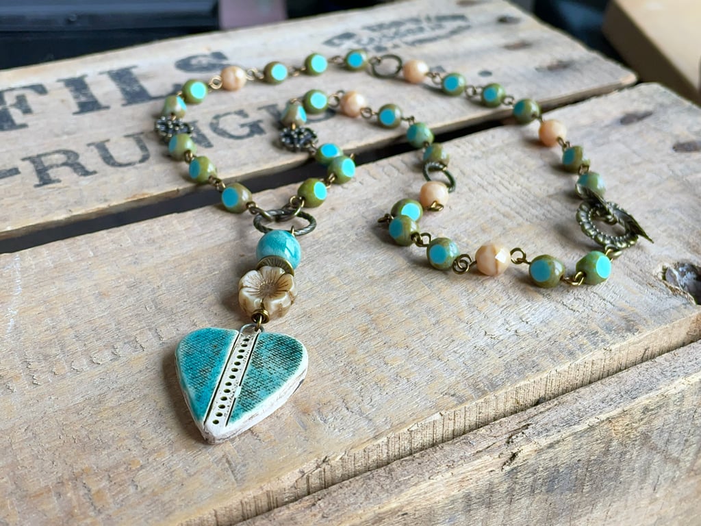 Unique Turquoise Heart Necklace with Ceramic & Czech Glass Beads