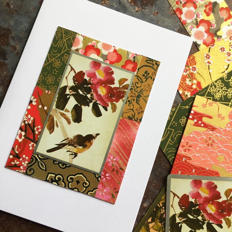 Handmade card. Collage: Finch and blossom