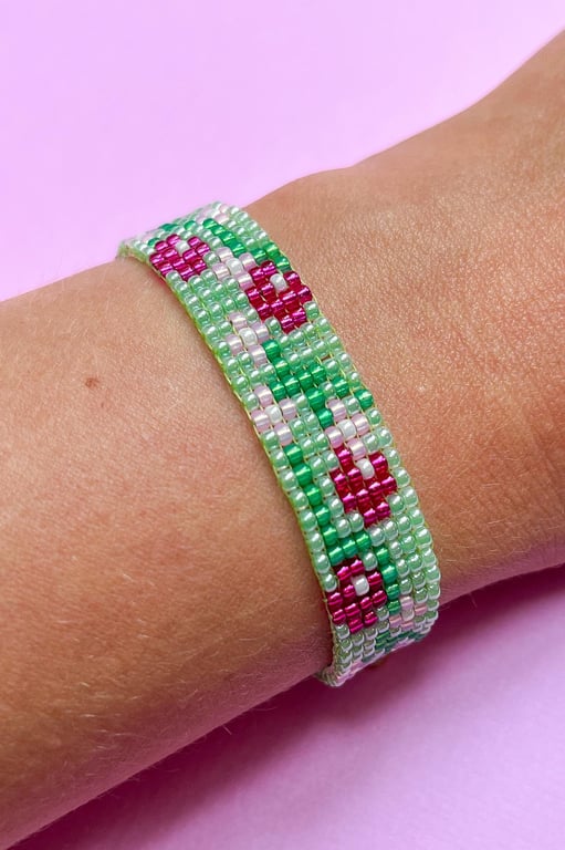 Cherry Beaded Bracelet – Handmade Pink and Mint Summer Jewellery