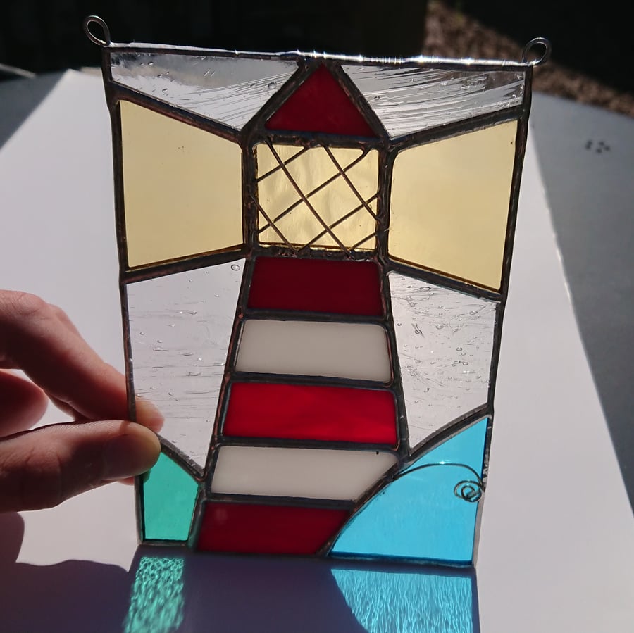 SOLD Stained glass red and white Lighthouse copperfoil panel. 