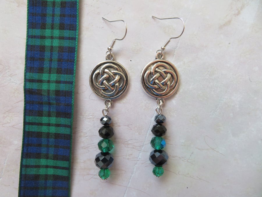 Silver Tone Celtic Knot & Crystal Tartan Match Beaded Earrings 