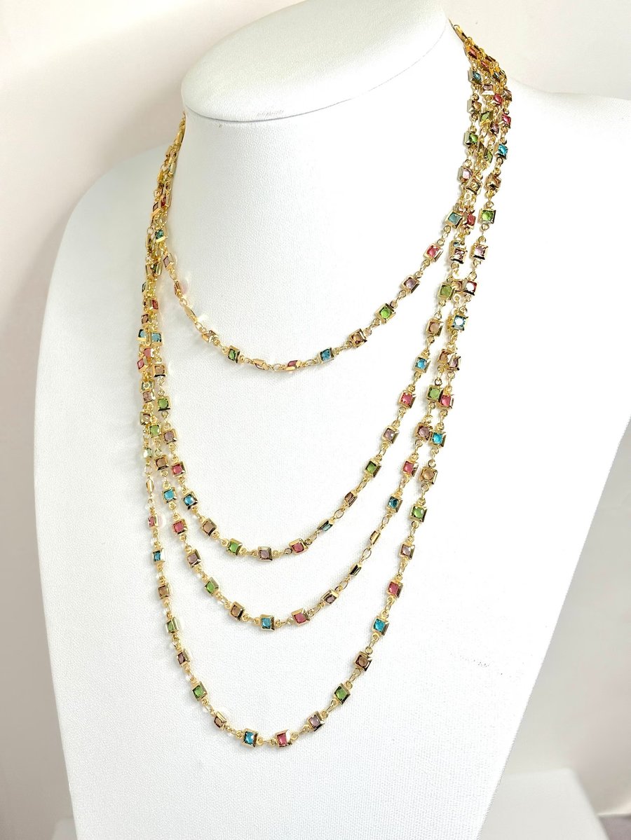 Very Long Multicolour Square CZ Crystal Chain Necklace Gold 40 inch or 78 Inch