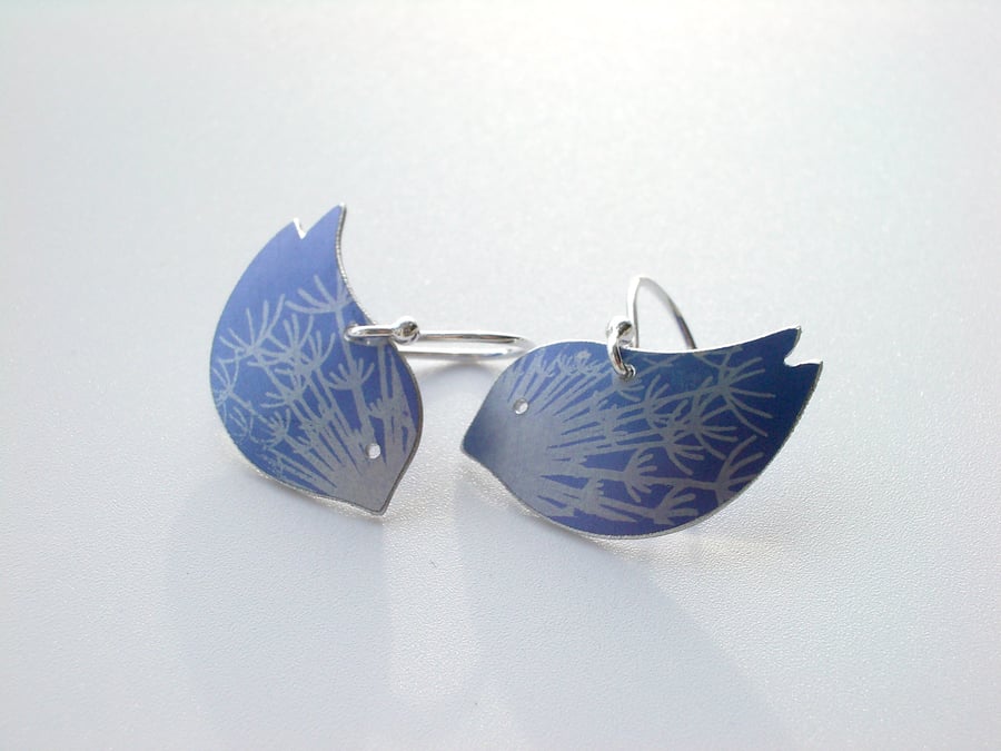 Bird earrings with dandelion clock print in blue and silver