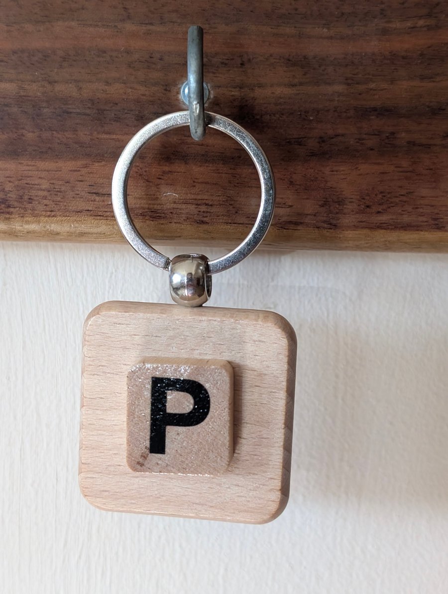 Alphabet letter tile wooden keyring - bagcharm - P