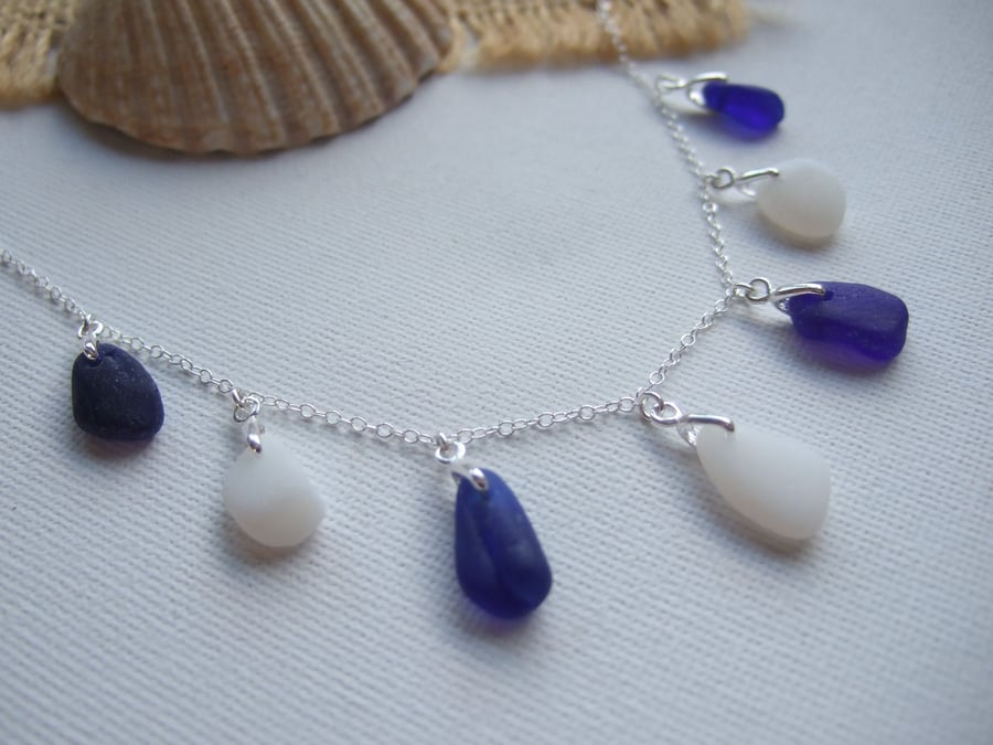 Sea glass necklace, Davenport beach glass pendants, blue white necklace, genuine