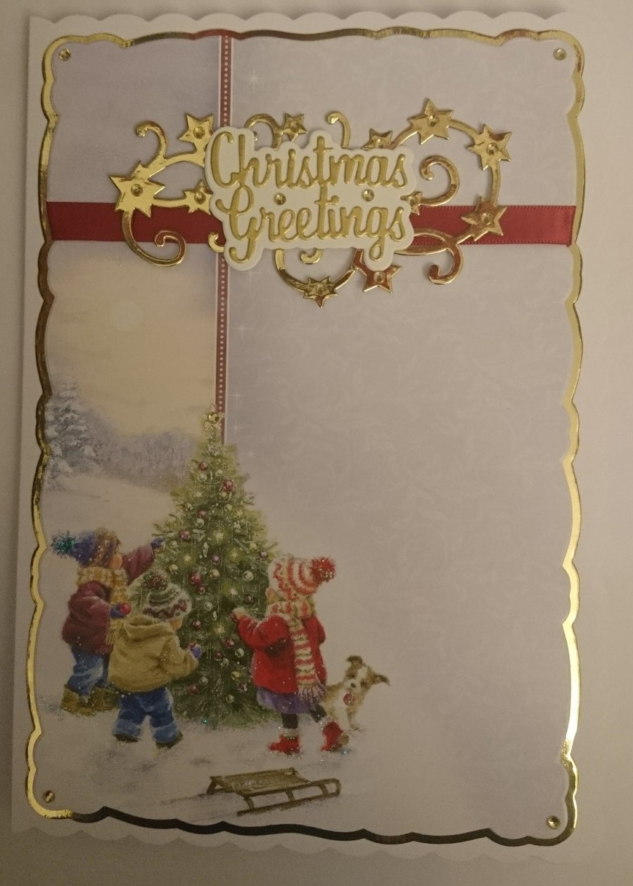 Christmas Card Children Puppy Dog and Christmas Tree 3D Luxury Handmade