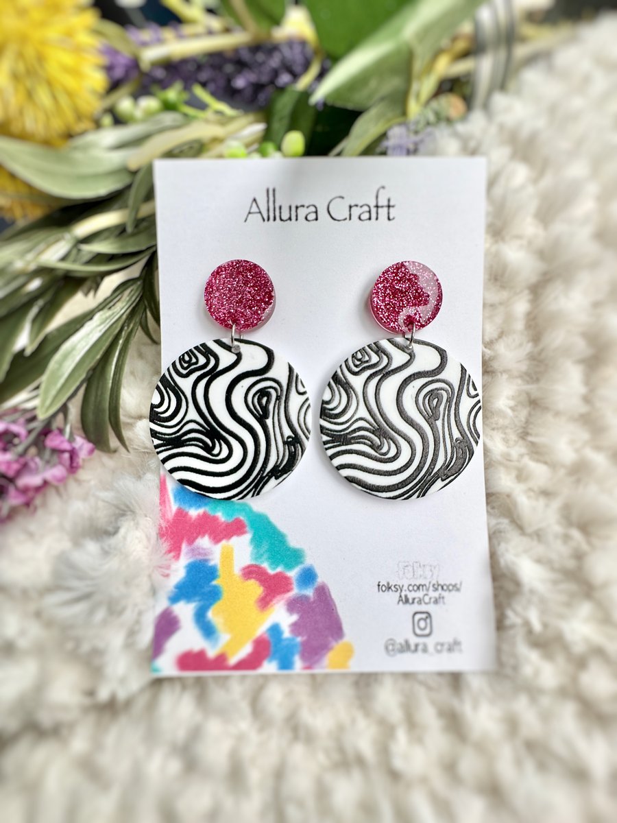 Mono Swirls and Pink Glitter Earrings