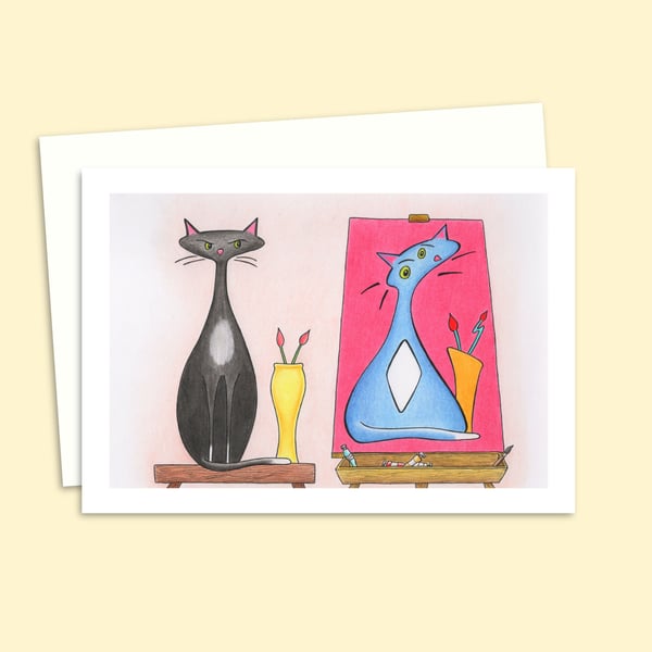  Funny Cat Greeting Card with a Pencil Illustration of an Artist's Muse (114)