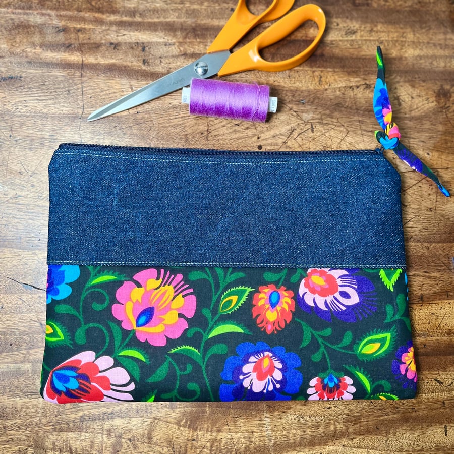 Bright floral and dark denim zip pouch