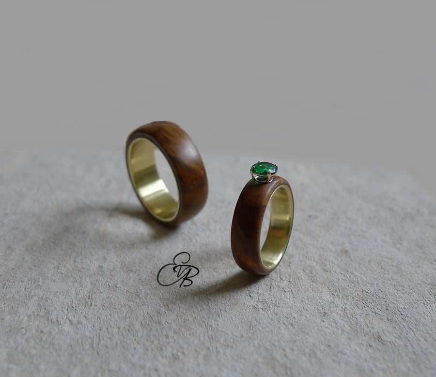 His & Her Matching Weddings Rings. Wood, Gold Tungsten & Choice of Stone 