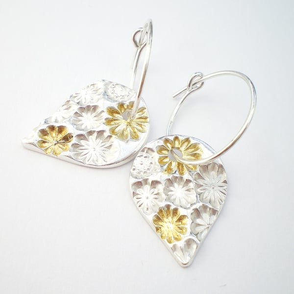 Silver and Gold Floral Teardrop Earrings