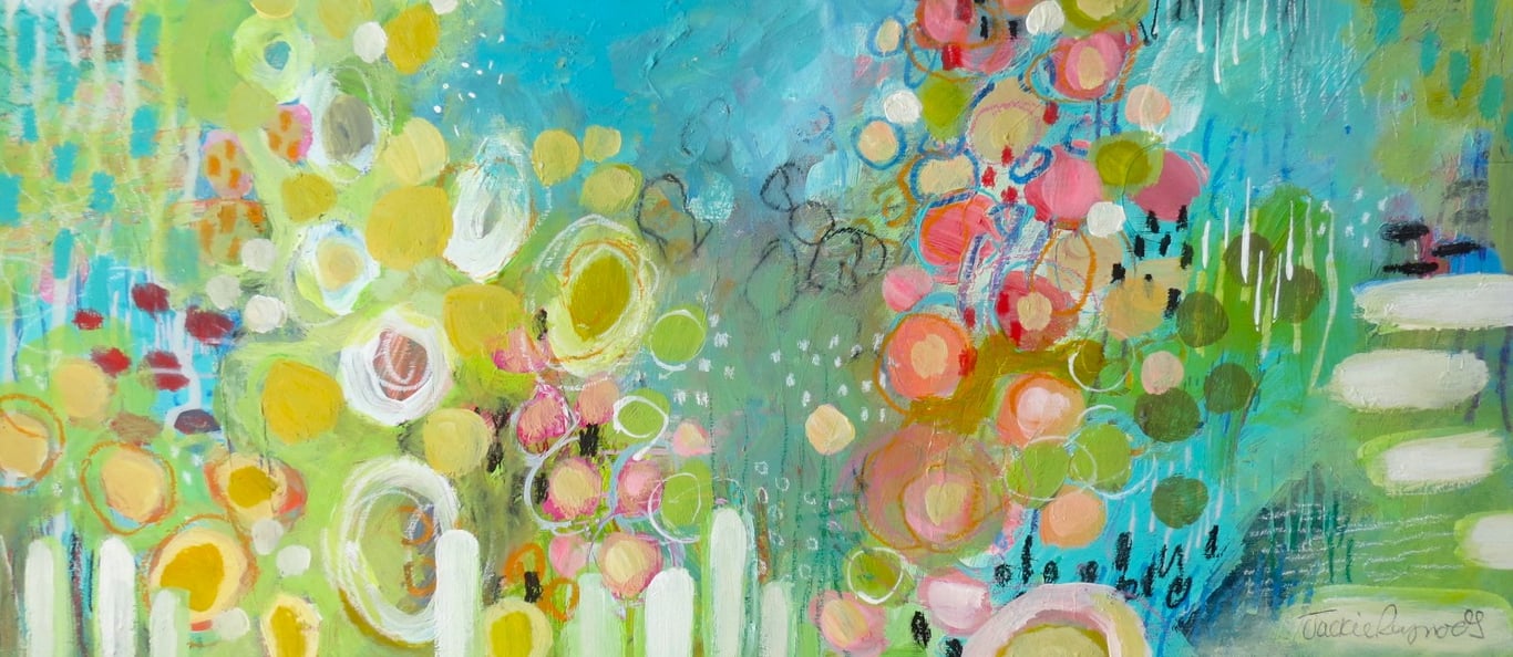 Neighbours Hollyhocks - Original Abstract Floral Painting in Peach and Lemons