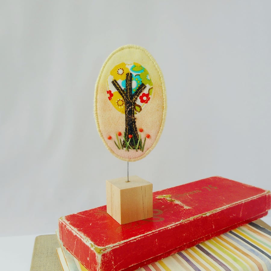 Flowery Tree fabric ornament on wooden block