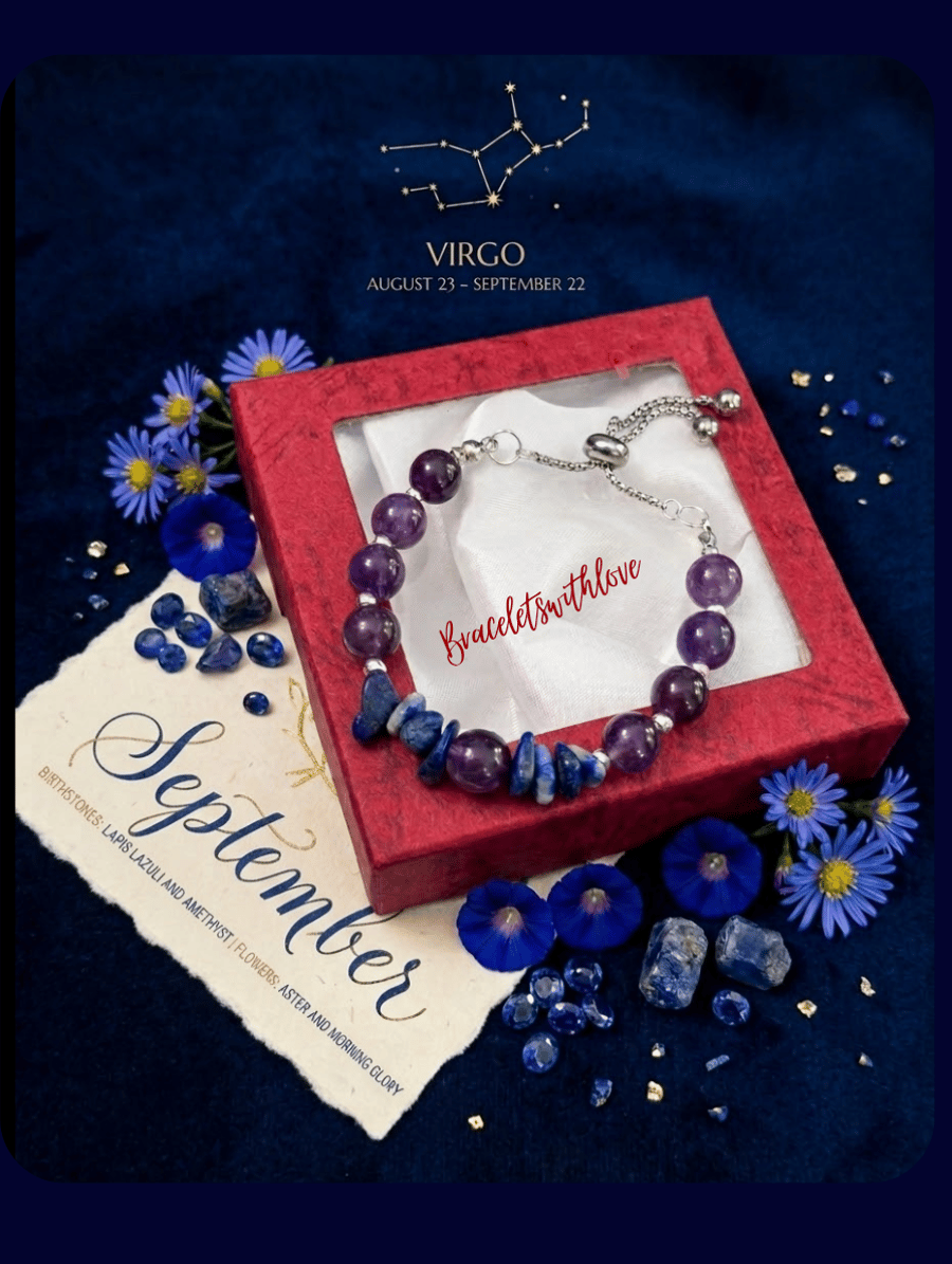 September Birthstone Bracelet, Lapis Lazuli and Amethyst Adjustable Slider 