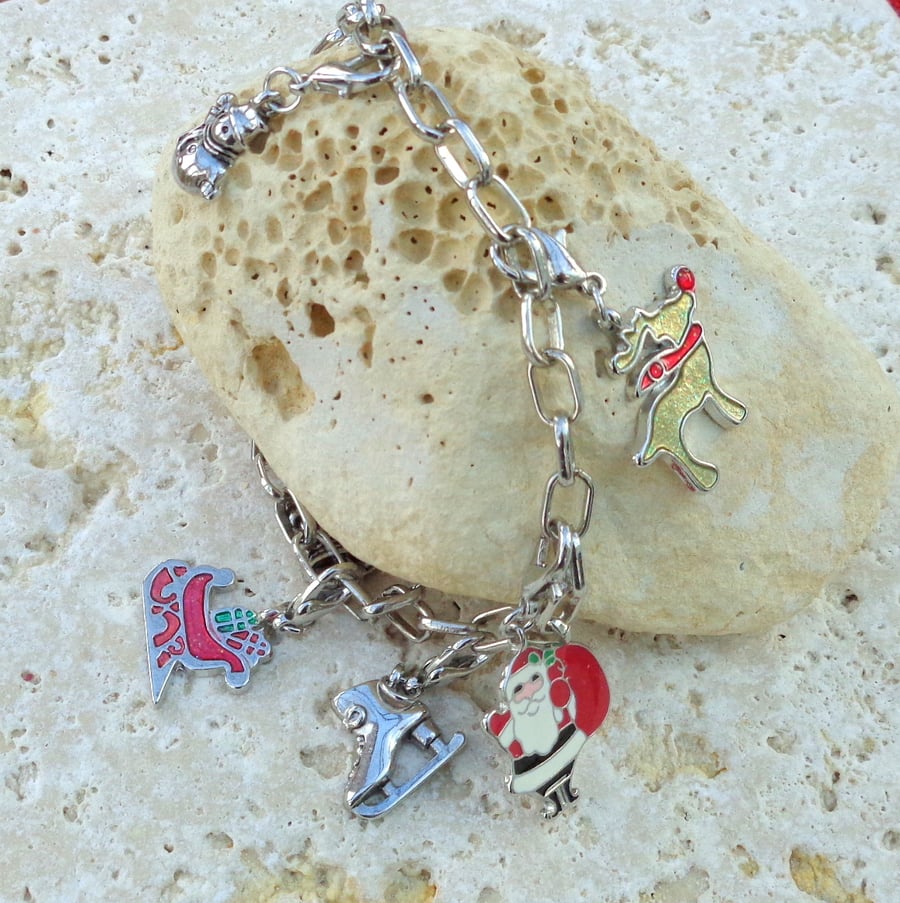 Christmas bracelet silver plated chain with enamelled clip-on charms Santa