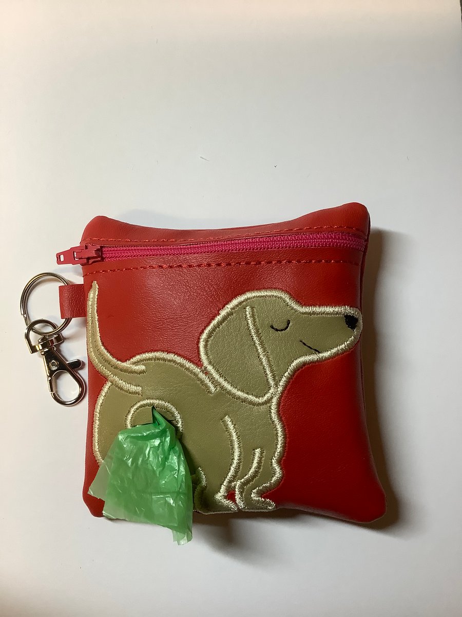 Attractive Dachshund  Embroidered Red faux leather dog poo bag ,dog walking,