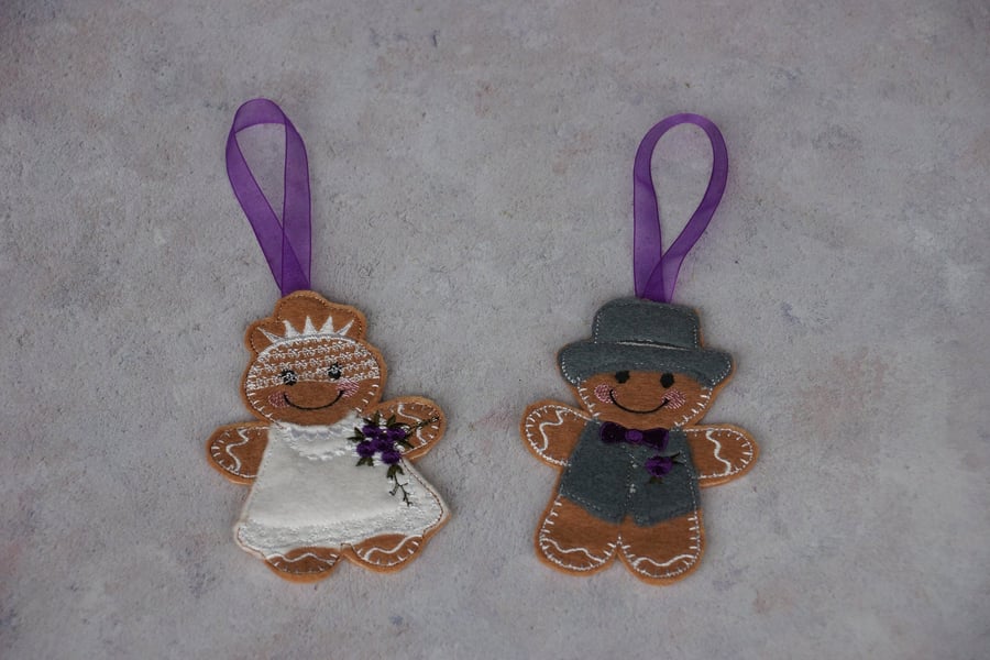embroidered gingerbread bride and groom, hanging wedding memento